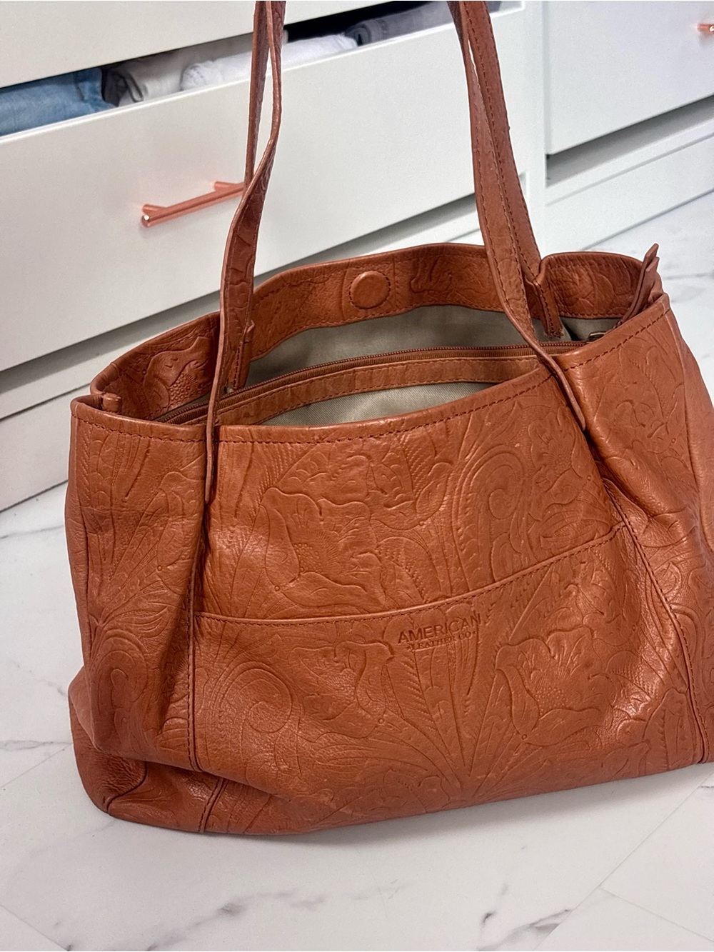 American Leather Co Brown Genuine Leather Embossed Shoulder Bag Boho Western - Picture 3 of 16